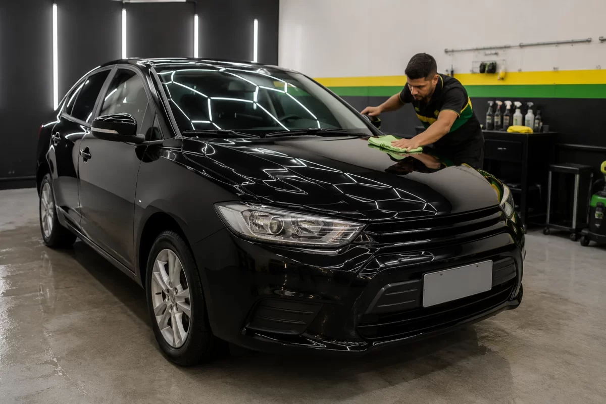 Carro polido em estúdio de estética automotiva