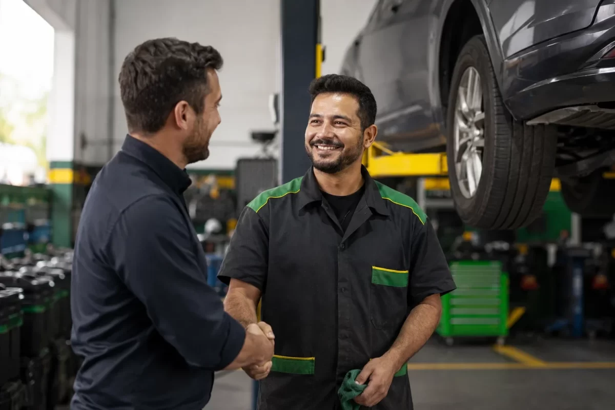 Mecânico cumprimentando cliente satisfeito na oficina