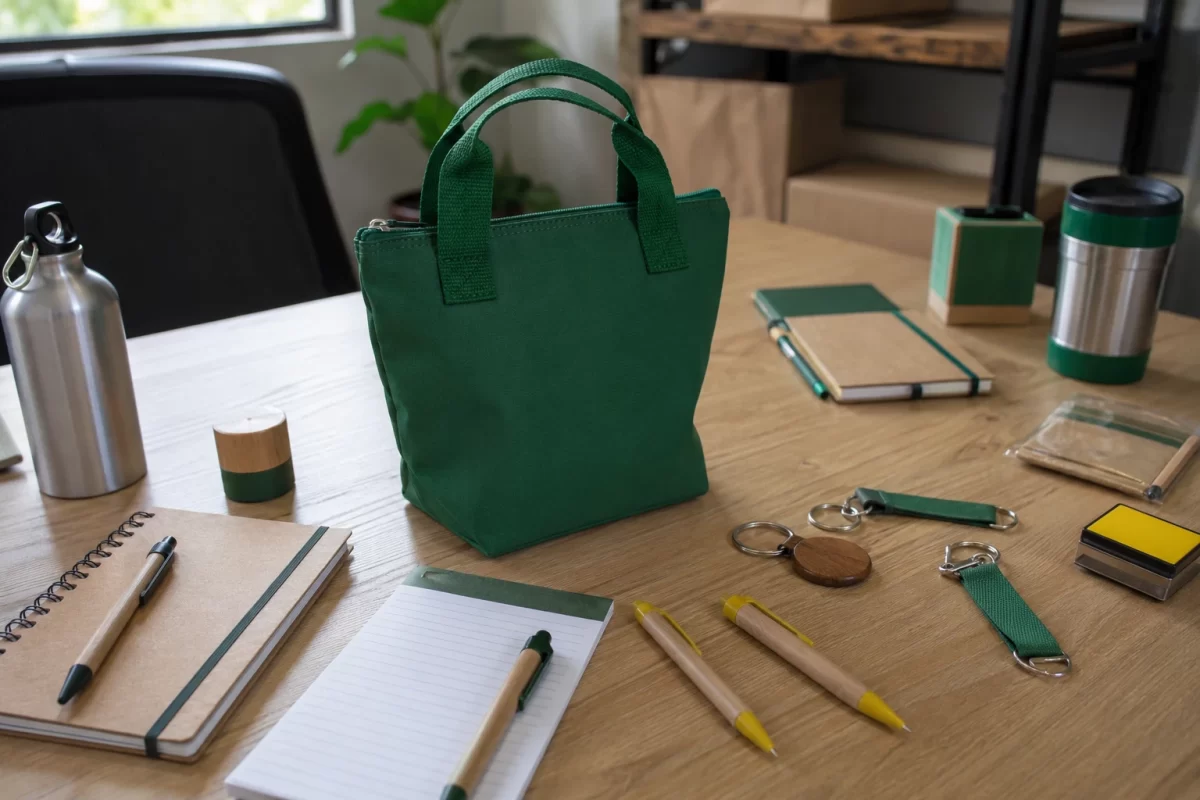 Variedade de brindes personalizados sobre uma mesa