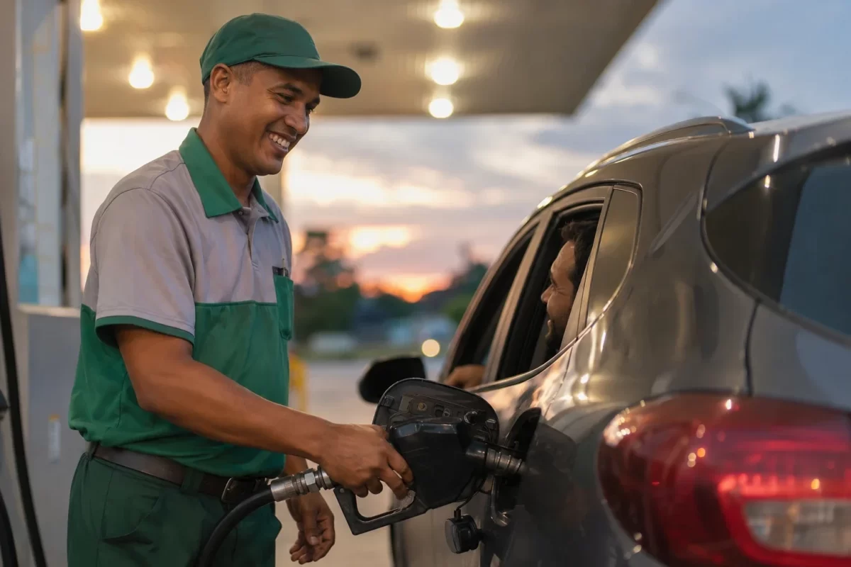Frentista abastecendo carro e atendendo cliente em posto de combustível