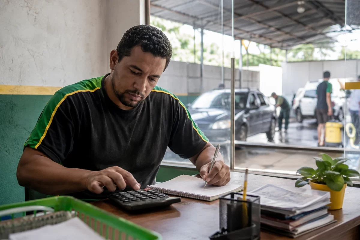 Dono de lava-rápido fazendo as contas do marketing com calculadora