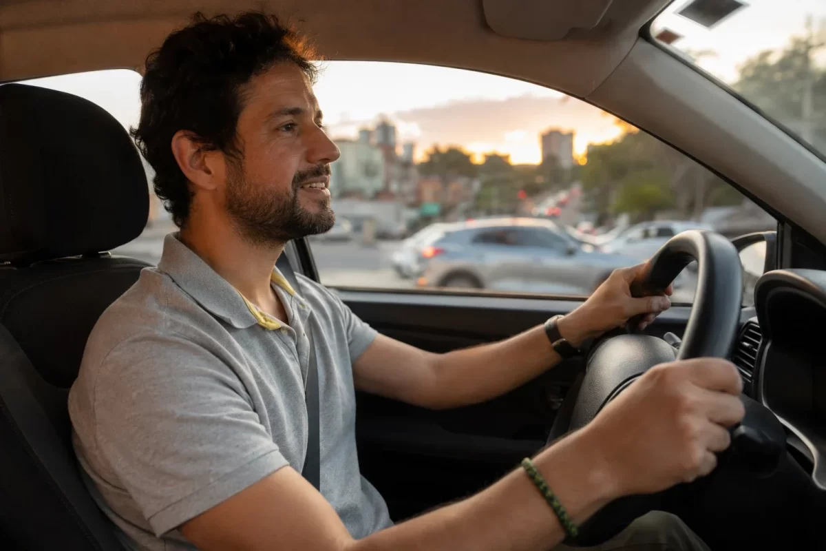 Motorista dirigindo tranquilo ao entardecer