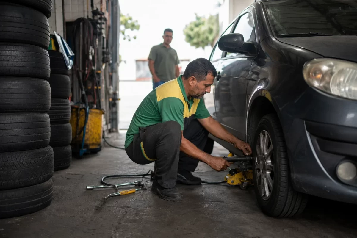 Borracheiro trocando a roda do carro na borracharia com cliente aguardando