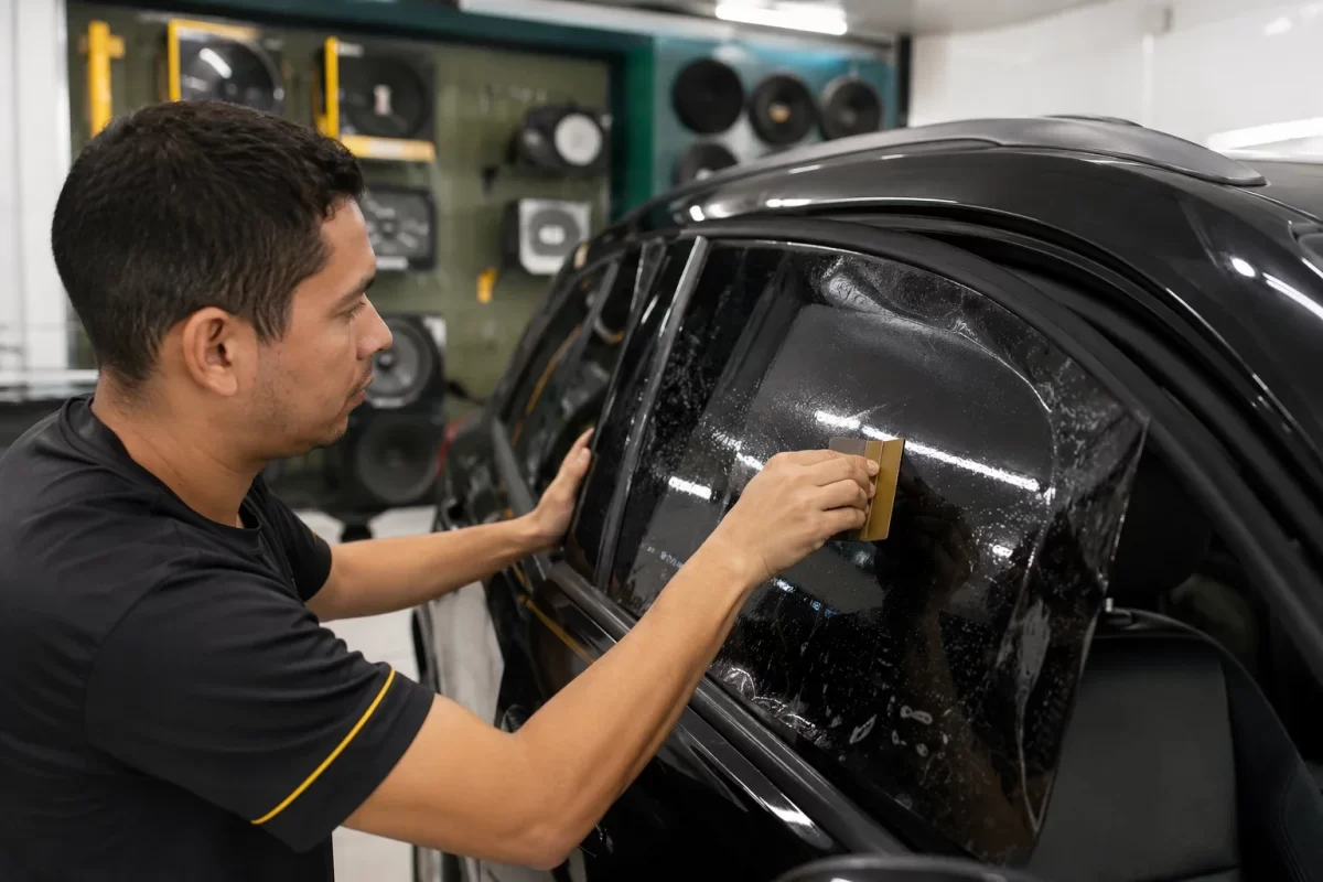 Aplicação de insulfilm em loja de som e acessórios automotivos