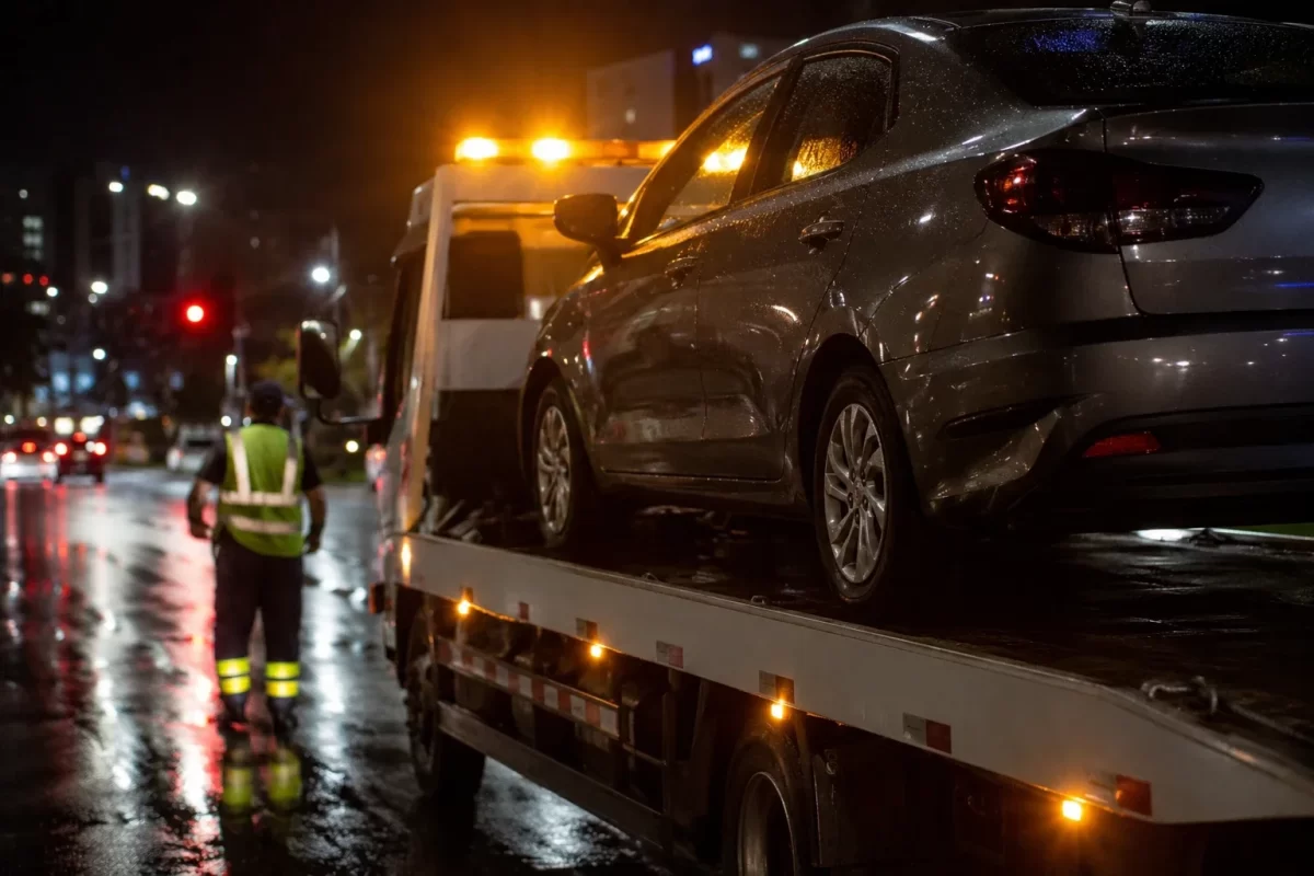 Guincho plataforma carregando carro à noite em atendimento de emergência
