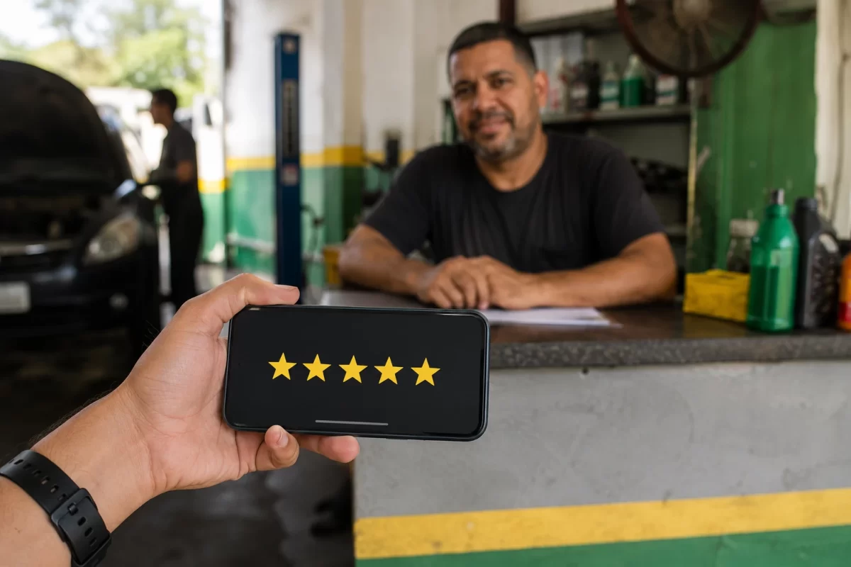 Cliente dando cinco estrelas de avaliação no Google pelo celular