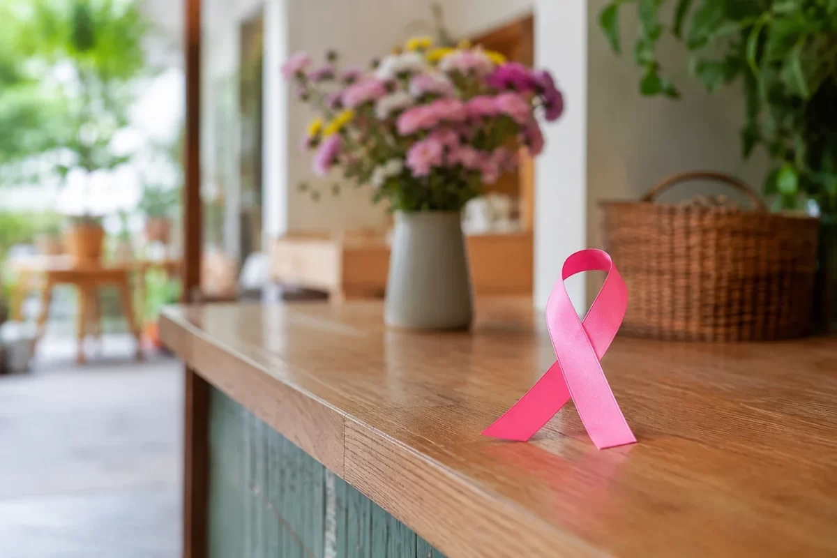 Laço rosa do Outubro Rosa sobre o balcão de um negócio