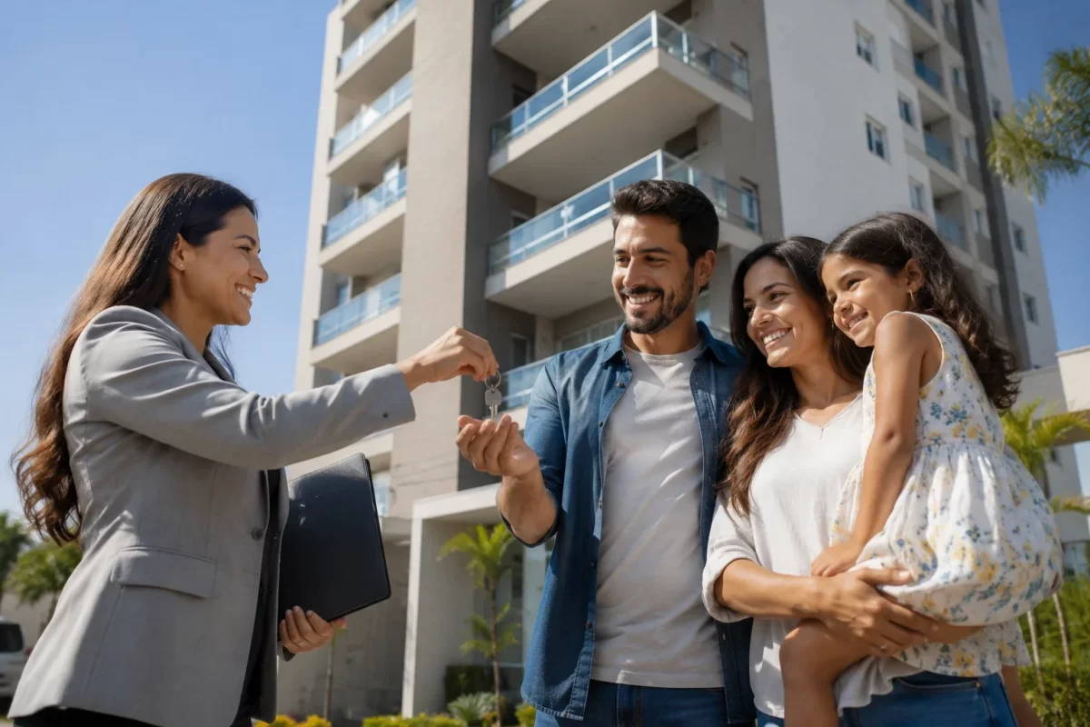 Entrega das chaves de apartamento novo pela construtora a uma família